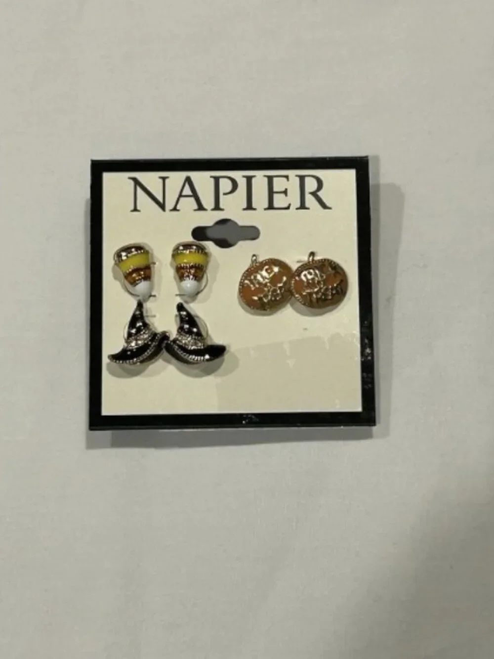 Napier 3 Pair Trick or Treat Pumpkin Witch Hat Candy Corn Halloween Earrings Set